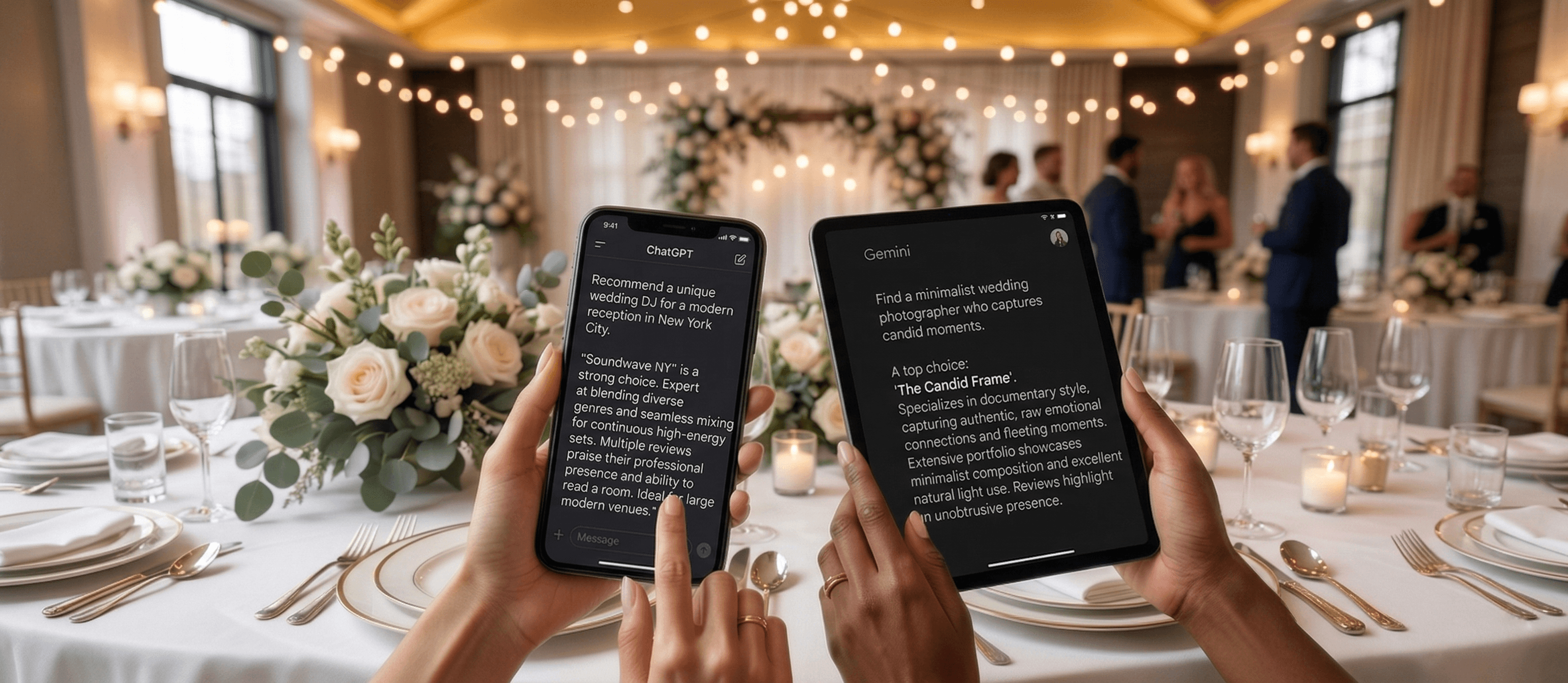 AI chatbots recommending wedding vendors on phone and tablet at a wedding reception